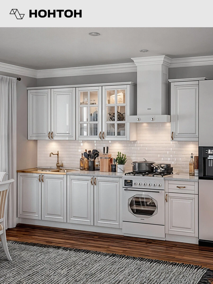 Кухонный гарнитур прямой Нонтон Престиж №3, 200 см, белый / жемчуг шервуд / антарес